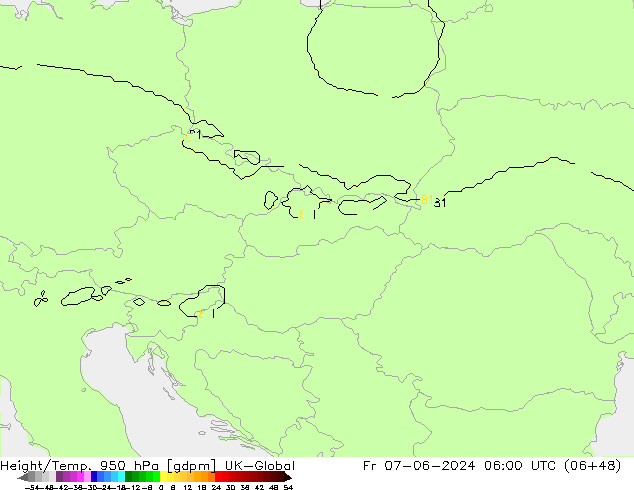 Height/Temp. 950 гПа UK-Global пт 07.06.2024 06 UTC