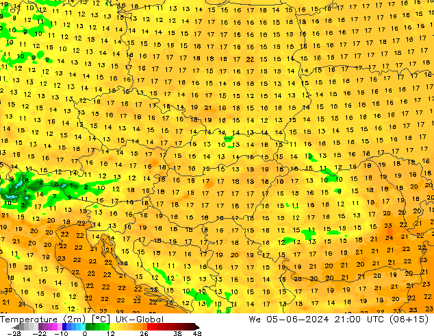 Temperatura (2m) UK-Global mié 05.06.2024 21 UTC