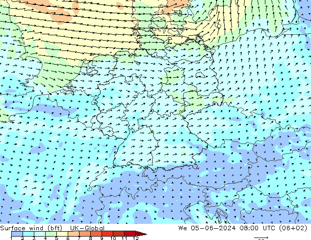 Viento 10 m (bft) UK-Global mié 05.06.2024 08 UTC