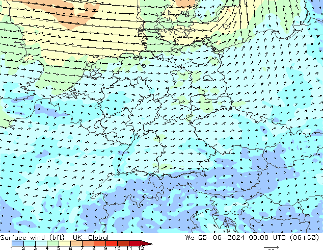 Surface wind (bft) UK-Global We 05.06.2024 09 UTC