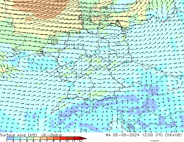 Viento 10 m (bft) UK-Global mié 05.06.2024 12 UTC