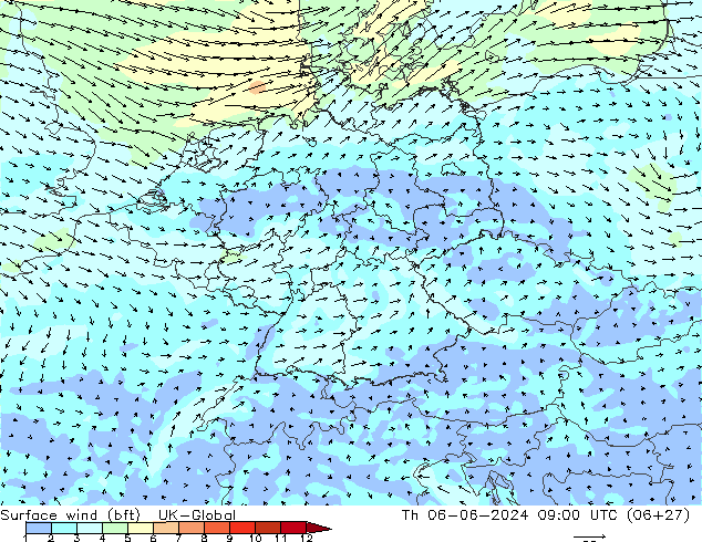 Vent 10 m (bft) UK-Global jeu 06.06.2024 09 UTC