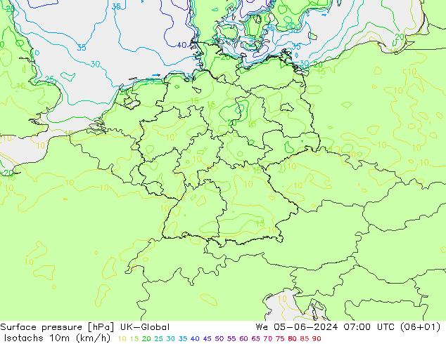 Isotachs (kph) UK-Global ср 05.06.2024 07 UTC