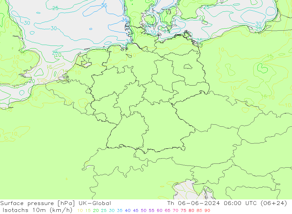 Isotachs (kph) UK-Global Čt 06.06.2024 06 UTC