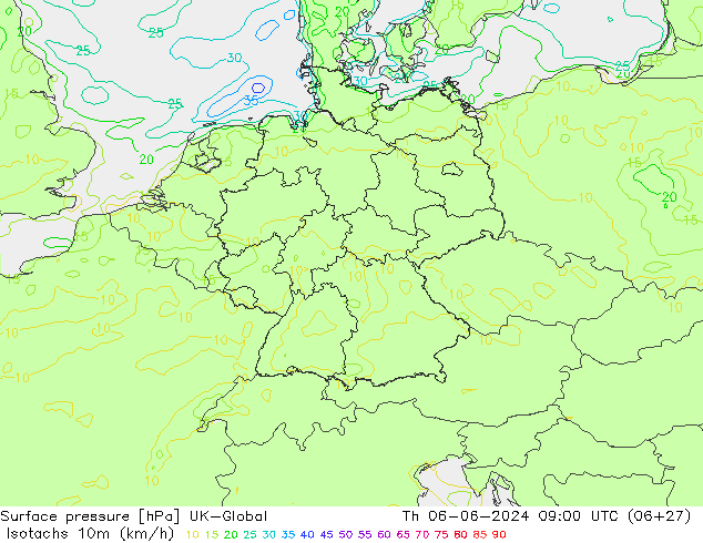 Isotachs (kph) UK-Global Th 06.06.2024 09 UTC
