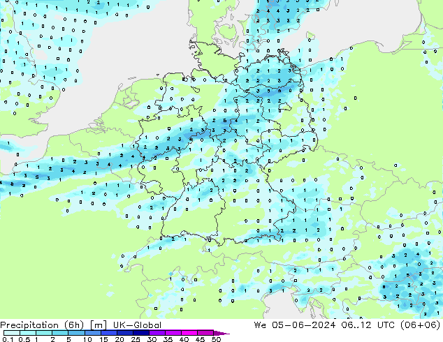 Totale neerslag (6h) UK-Global wo 05.06.2024 12 UTC