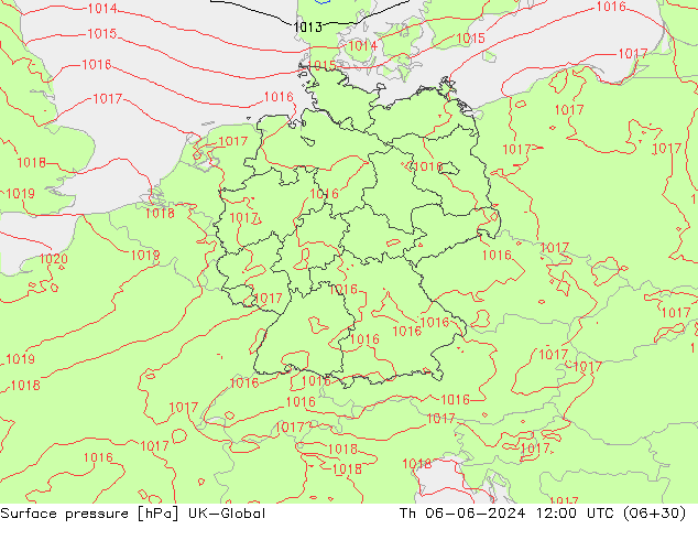 Pressione al suolo UK-Global gio 06.06.2024 12 UTC