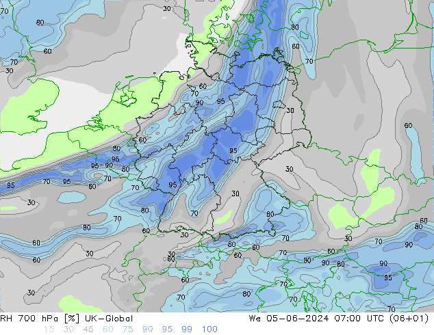 RH 700 hPa UK-Global 星期三 05.06.2024 07 UTC