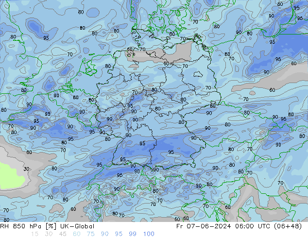 RH 850 hPa UK-Global Fr 07.06.2024 06 UTC