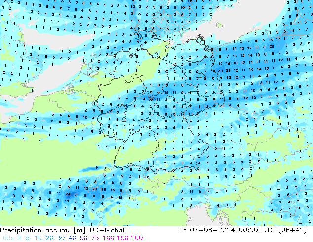 Totale neerslag UK-Global vr 07.06.2024 00 UTC