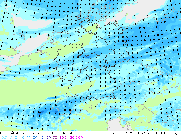 Precipitation accum. UK-Global Fr 07.06.2024 06 UTC