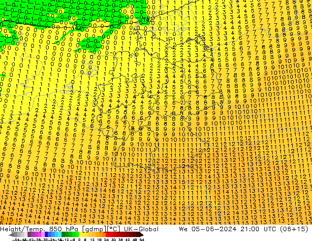 Height/Temp. 850 hPa UK-Global mer 05.06.2024 21 UTC