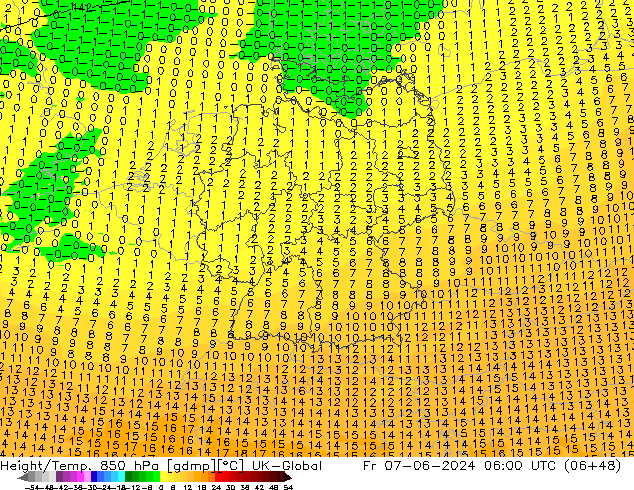 Height/Temp. 850 hPa UK-Global Fr 07.06.2024 06 UTC