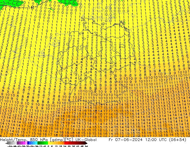 Height/Temp. 850 hPa UK-Global Fr 07.06.2024 12 UTC