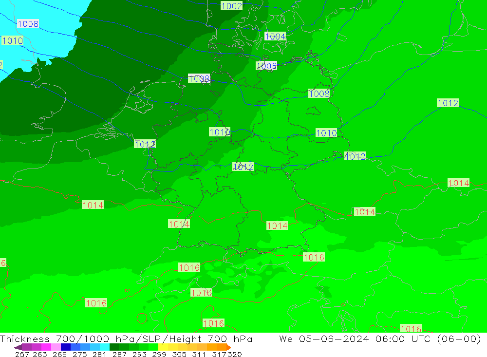 Thck 700-1000 hPa UK-Global śro. 05.06.2024 06 UTC