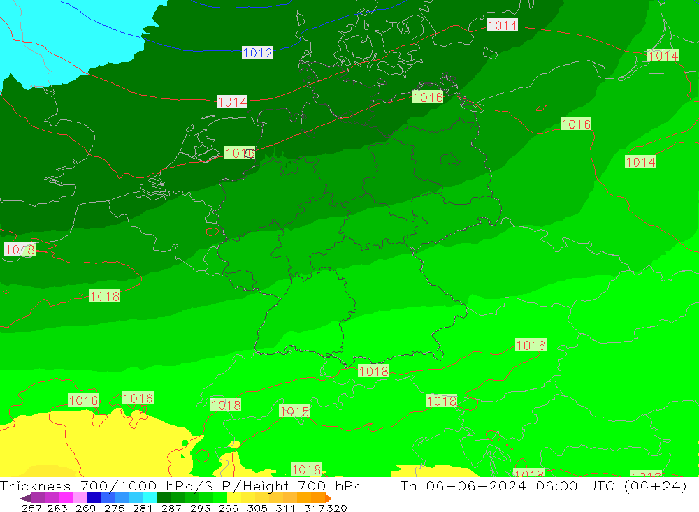 Espesor 700-1000 hPa UK-Global jue 06.06.2024 06 UTC