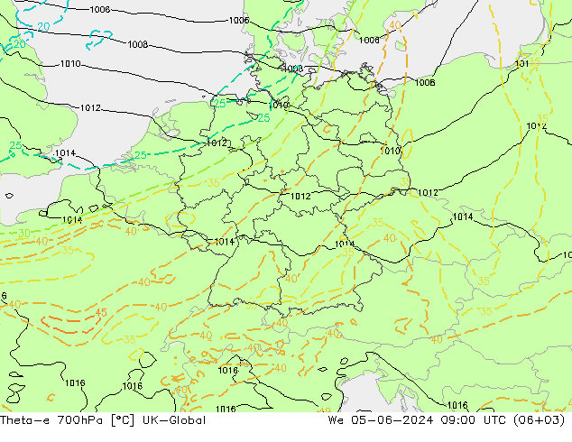 Theta-e 700hPa UK-Global 星期三 05.06.2024 09 UTC