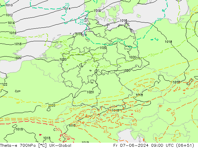 Theta-e 700hPa UK-Global ven 07.06.2024 09 UTC