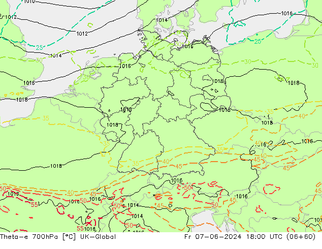 Theta-e 700hPa UK-Global Sex 07.06.2024 18 UTC