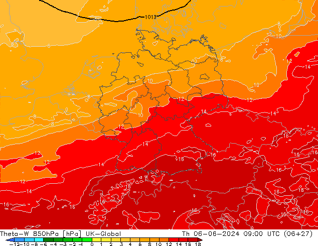 Theta-W 850hPa UK-Global czw. 06.06.2024 09 UTC