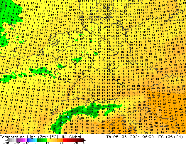 Temp. massima (2m) UK-Global gio 06.06.2024 06 UTC