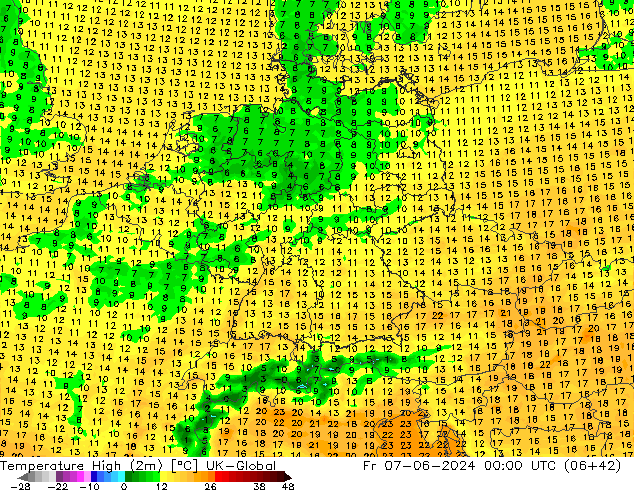 Temperature High (2m) UK-Global Fr 07.06.2024 00 UTC