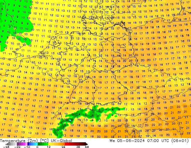 Temperatuurkaart (2m) UK-Global wo 05.06.2024 07 UTC