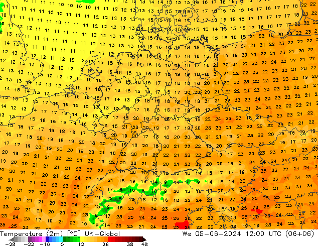 Temperature (2m) UK-Global We 05.06.2024 12 UTC