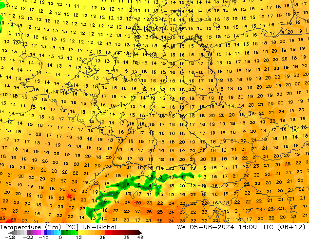 Sıcaklık Haritası (2m) UK-Global Çar 05.06.2024 18 UTC