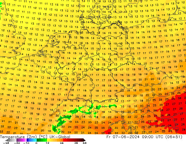 Temperatura (2m) UK-Global ven 07.06.2024 09 UTC