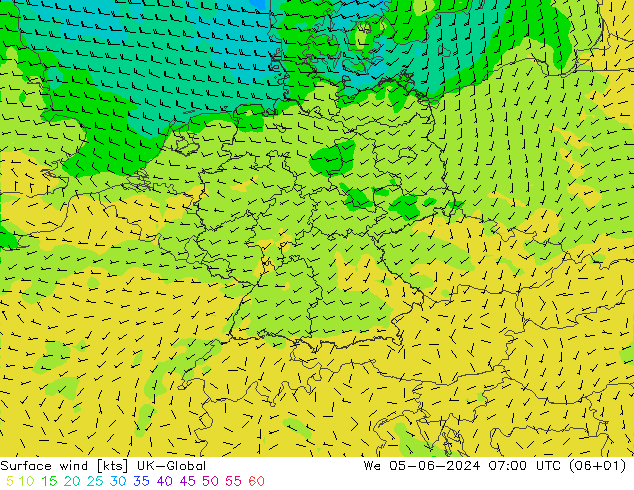 Vento 10 m UK-Global mer 05.06.2024 07 UTC