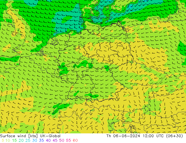 Viento 10 m UK-Global jue 06.06.2024 12 UTC