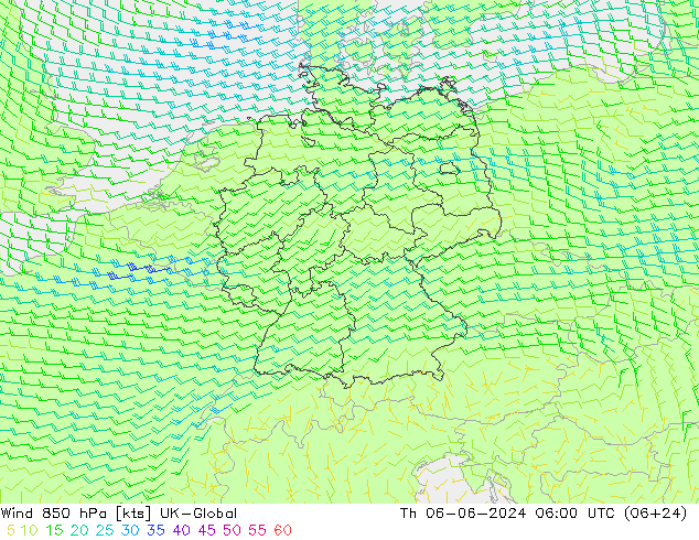 Wind 850 hPa UK-Global Čt 06.06.2024 06 UTC