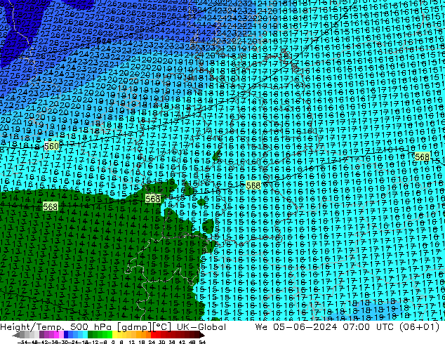 Geop./Temp. 500 hPa UK-Global mié 05.06.2024 07 UTC