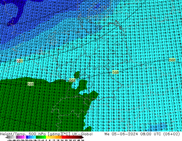 Geop./Temp. 500 hPa UK-Global mié 05.06.2024 08 UTC