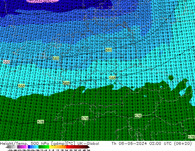 Geop./Temp. 500 hPa UK-Global jue 06.06.2024 02 UTC