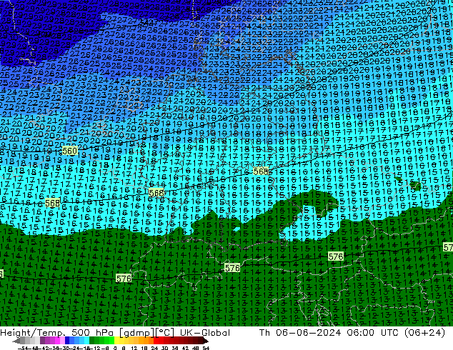 Height/Temp. 500 hPa UK-Global Qui 06.06.2024 06 UTC