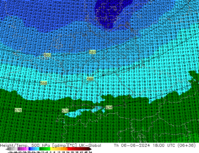 Height/Temp. 500 hPa UK-Global gio 06.06.2024 18 UTC