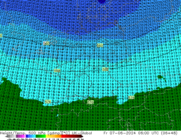 Yükseklik/Sıc. 500 hPa UK-Global Cu 07.06.2024 06 UTC