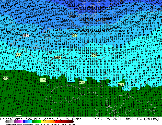 Height/Temp. 500 hPa UK-Global Fr 07.06.2024 18 UTC