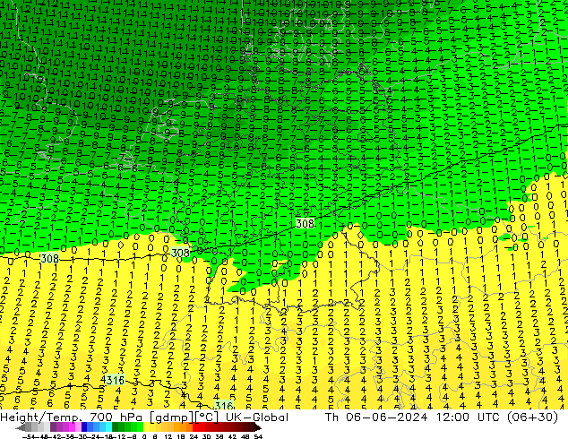 Height/Temp. 700 hPa UK-Global czw. 06.06.2024 12 UTC