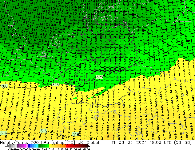 Height/Temp. 700 hPa UK-Global Th 06.06.2024 18 UTC