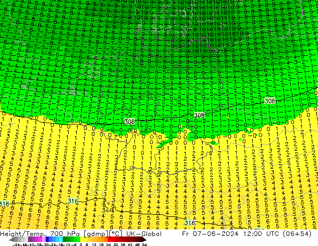 Height/Temp. 700 hPa UK-Global Fr 07.06.2024 12 UTC