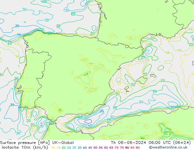 Izotacha (km/godz) UK-Global czw. 06.06.2024 06 UTC