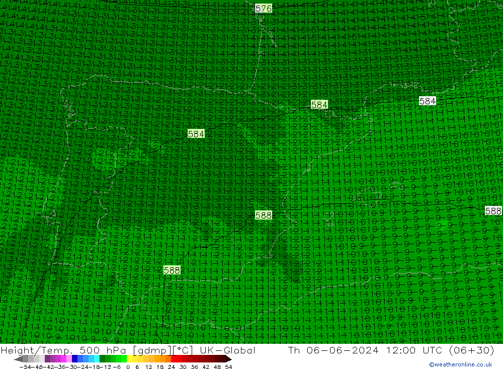 Height/Temp. 500 hPa UK-Global Th 06.06.2024 12 UTC