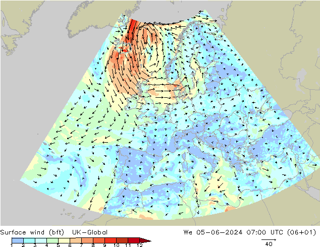 Viento 10 m (bft) UK-Global mié 05.06.2024 07 UTC