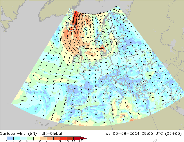 Viento 10 m (bft) UK-Global mié 05.06.2024 09 UTC