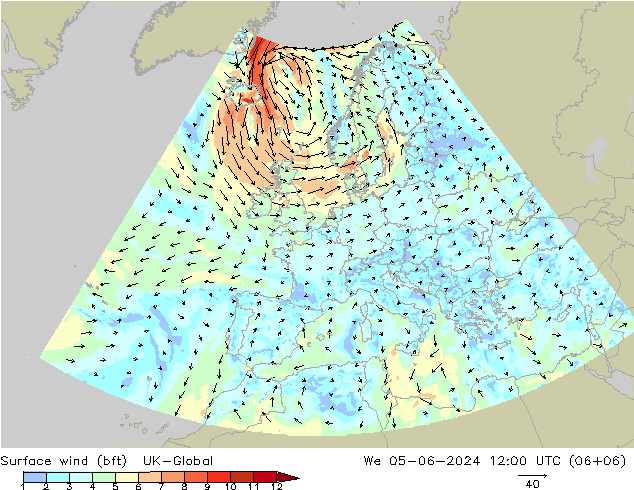 Vent 10 m (bft) UK-Global mer 05.06.2024 12 UTC