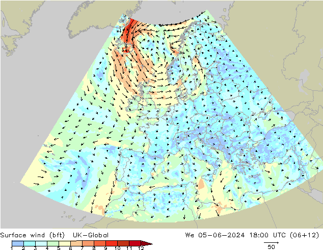 wiatr 10 m (bft) UK-Global śro. 05.06.2024 18 UTC
