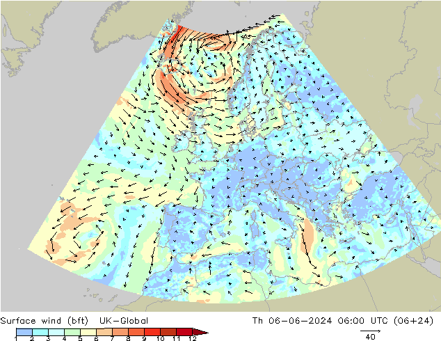 Rüzgar 10 m (bft) UK-Global Per 06.06.2024 06 UTC